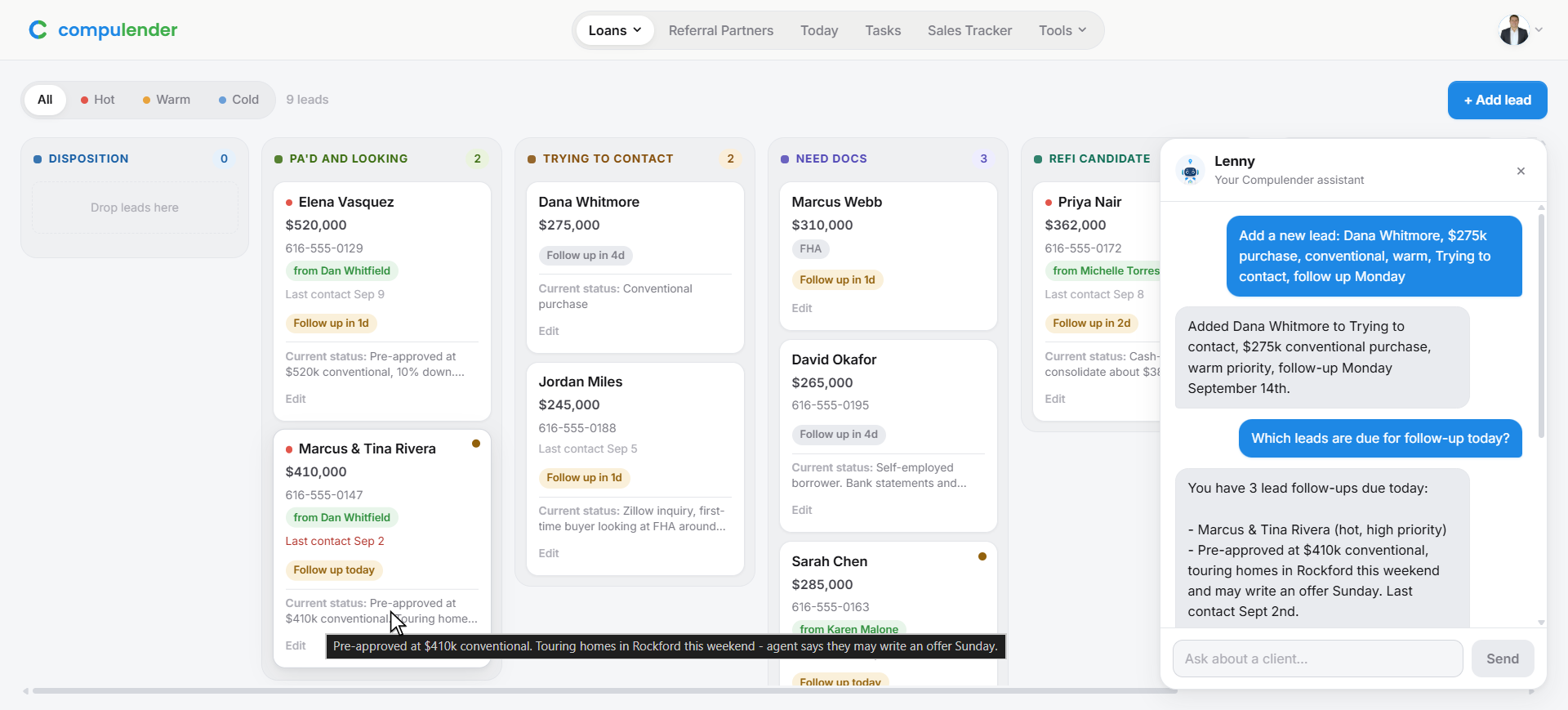Compulender pipeline board with the Lenny assistant panel open
